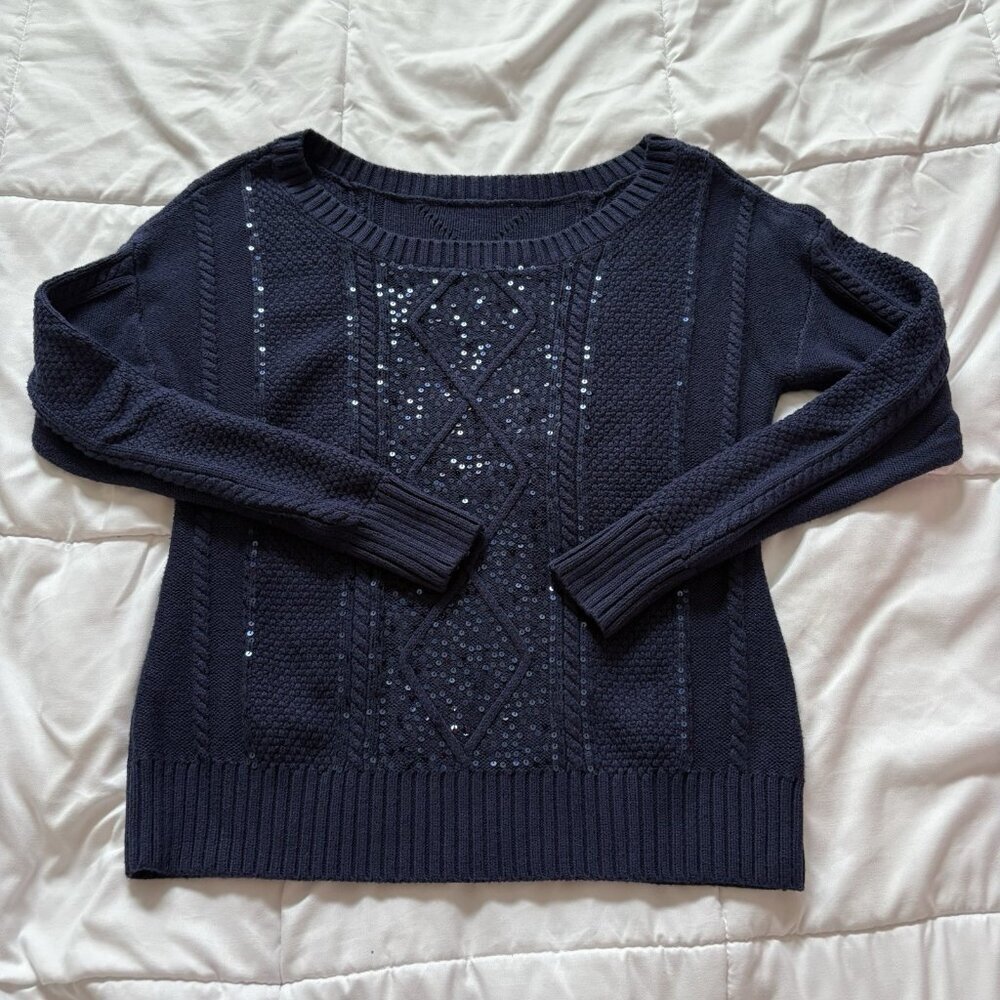 Womens Blue Sequined Long Sleeve Sweater Winter‎ Holiday Christmas Y2K Retro